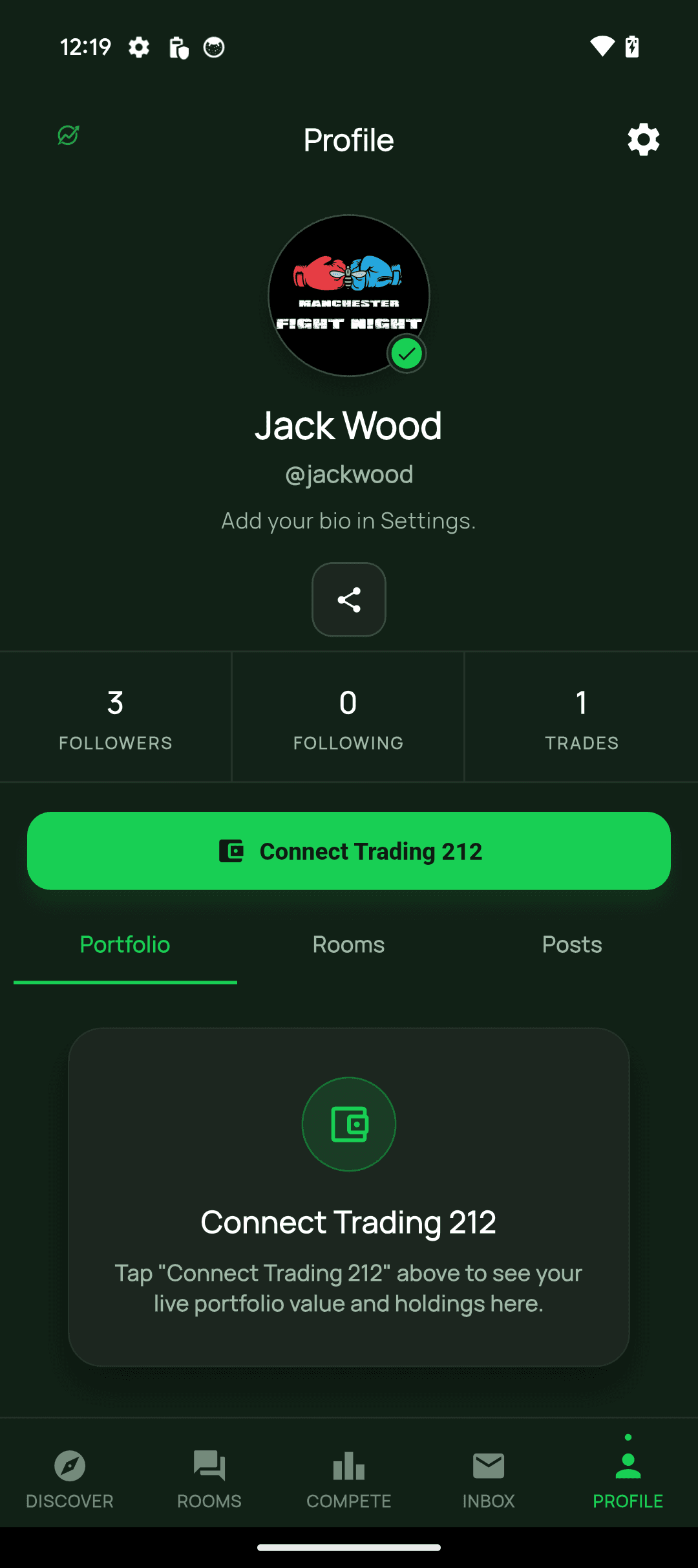 StockBud profile showing portfolio, followers, and trading activity